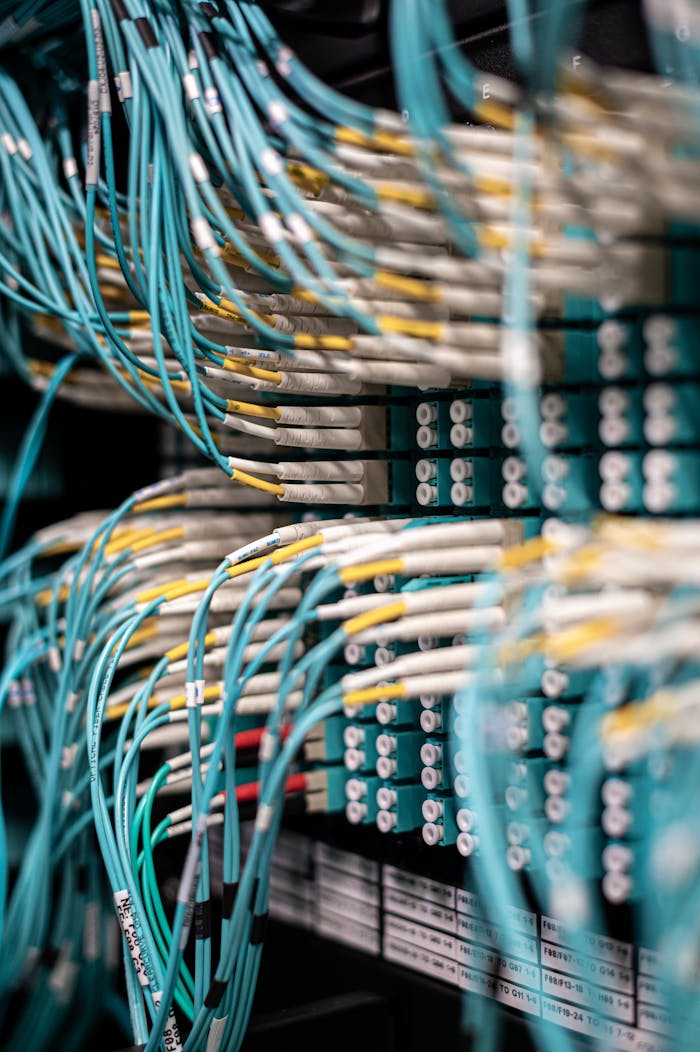 The Art of Drawing Readers In: Your attractive post title goes here Rows of blue cables and wires plugged into server patch panel located in modern data center framework