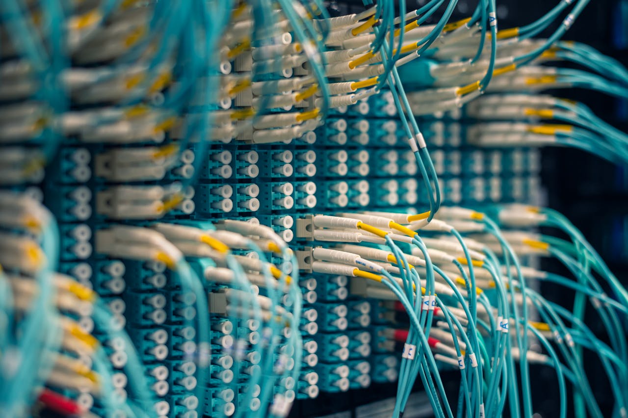 Mastering the First Impression: Your intriguing post title goes here Closeup of rows of tiny round white electrical connectors and long thin blue wires in data center